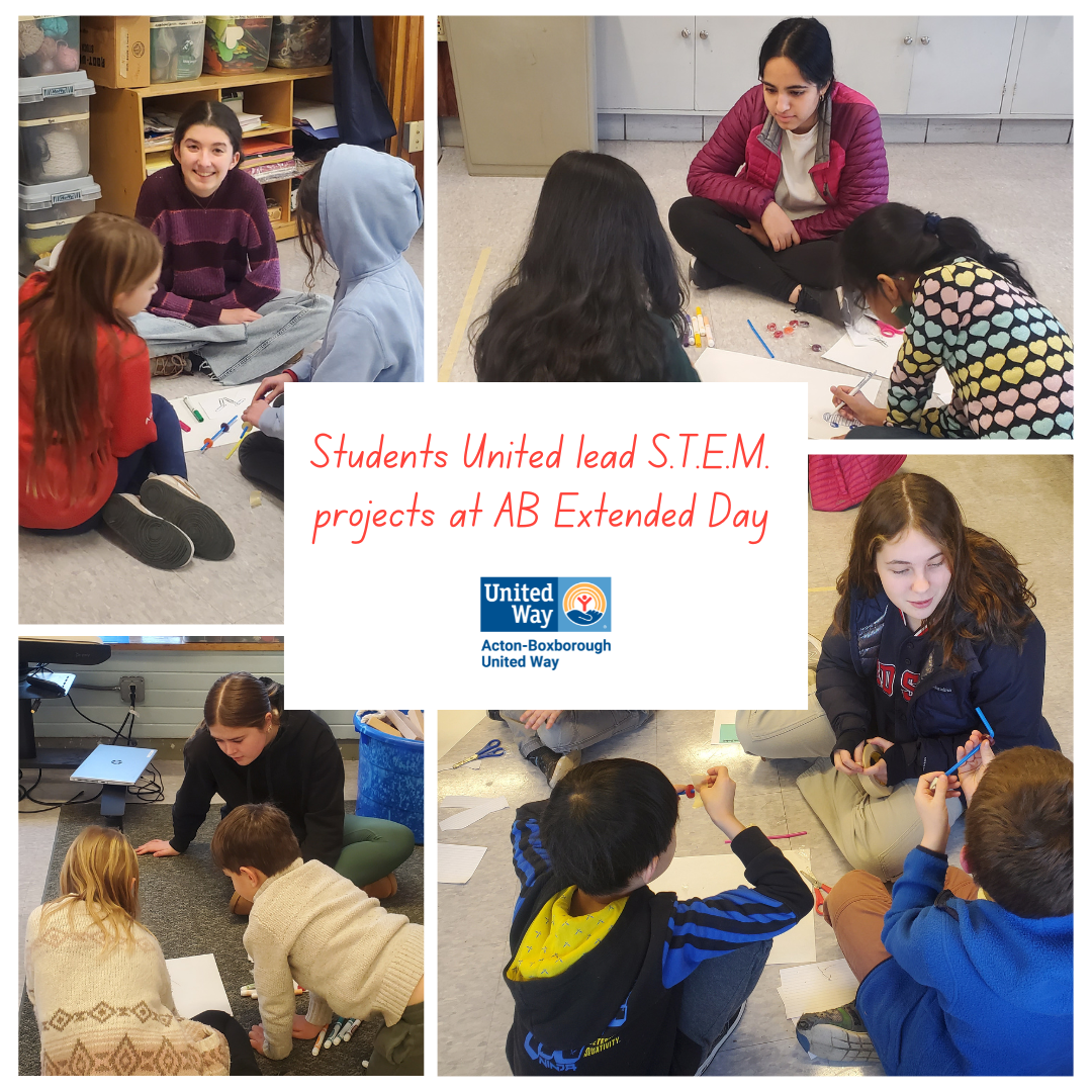 Compilation of 4 photos of high school students completing STEM projects with elementary students